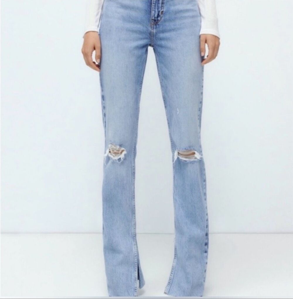 NTW Zara High Rise Flared Slim Ankle Slit Jeans in Light Blue size 6